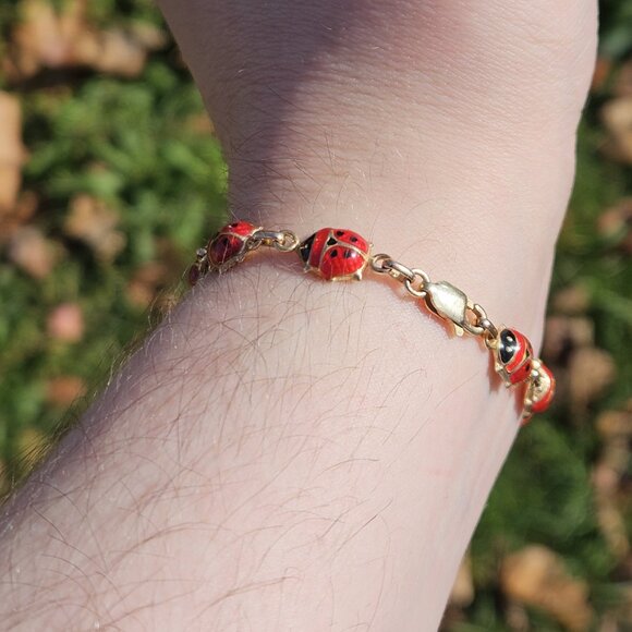 14K Yellow Gold Ladybug Lady Bug Link Bracelet 6.5 Inches - Picture 11 of 14
